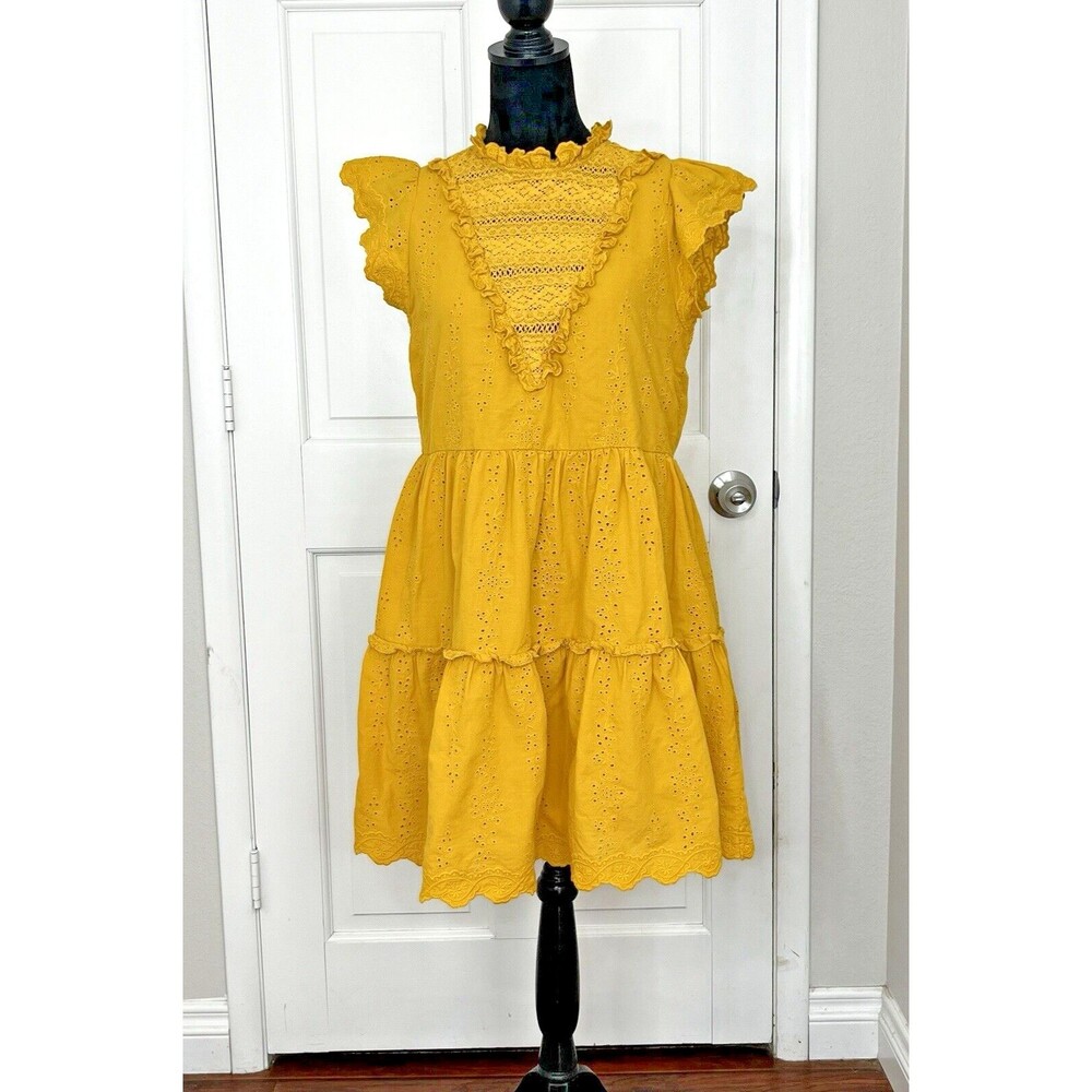 House of Harlow 1960 Dress Large Flutter Ruffle Mini Flare Mustard Cap Sleeve